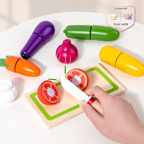 Qocolcyl Wooden Cutting Play Food Vegetables Set with Cutting Board Knife,Slicable Pretend Food,Kitchen Cooking Role Play Educational Toy for Toddlers Boys Girls Age 3  Christmas Birthday Gift
