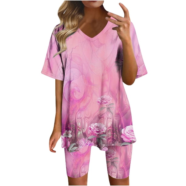 Blusas para las Mujeres Casual Impreso Cuello en V Manga Corta Blusa Pantalones Cortos, Conjuntos de Ropa para las Mujeres