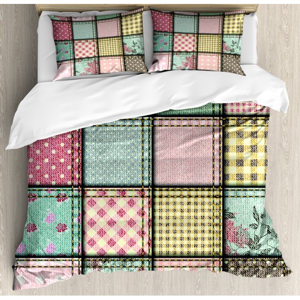 Shabby Chic Duvet Cover Set Queen Size, Patchwork Denim Seem Fabric