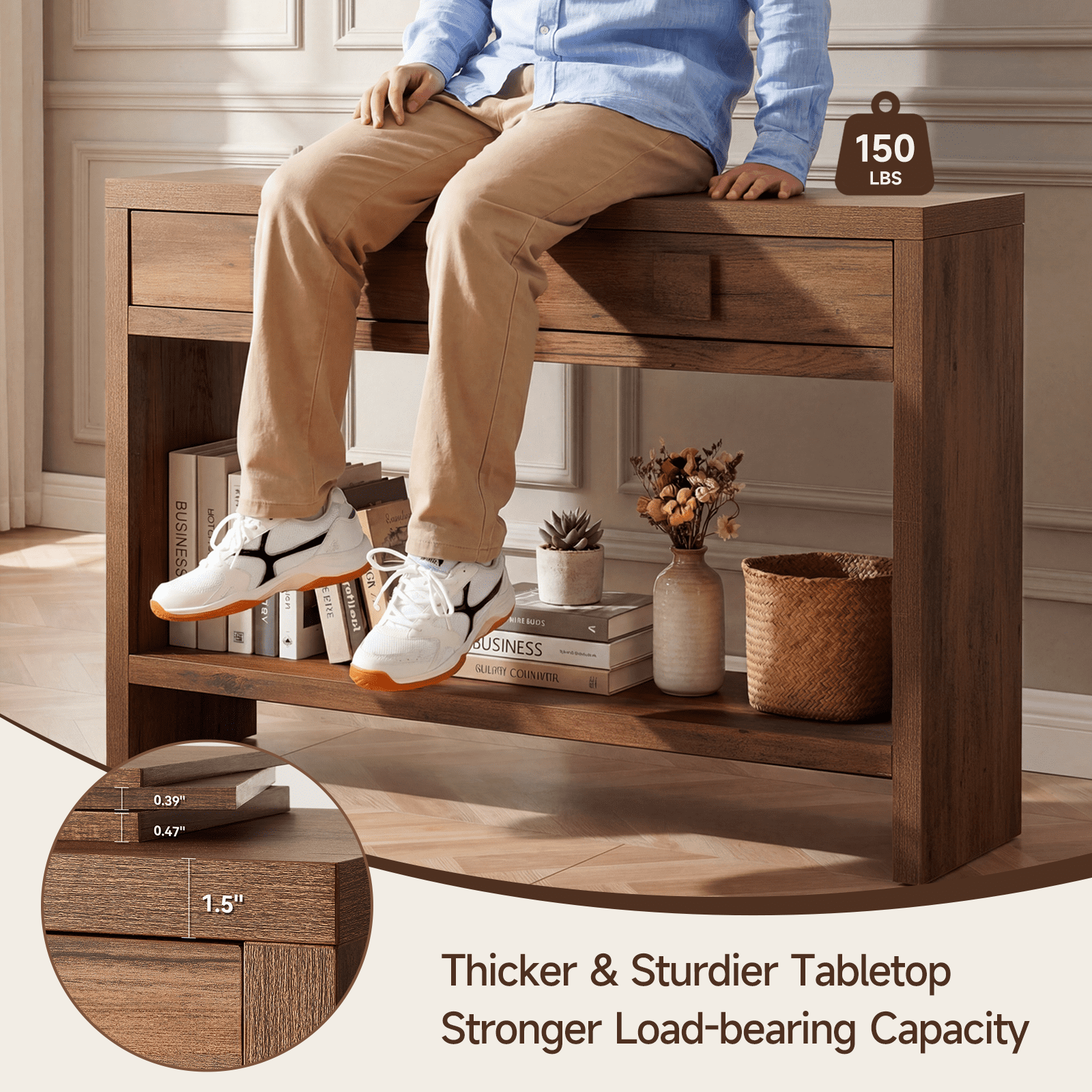 ROGALIS Console Table with Drawers, 40 Inch Narrow Entryway Table with Open Storage Shelves for Living Room