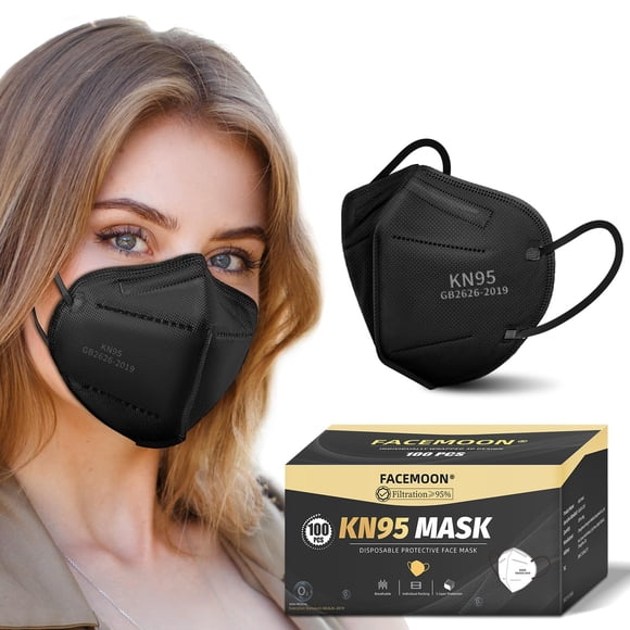 Mascarillas faciales KN95 FACEMOON Black, paquete de 100 con 5 extensores para adultos