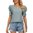 thumbnail image 1 of Blusa plisada verde oscuro con cuello redondo y mangas abullonadas, talla L Summer Chic, 1 of 8