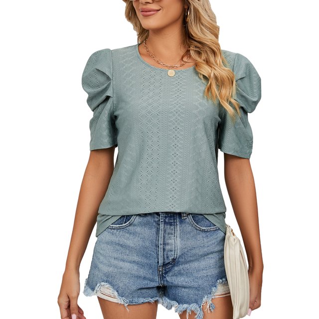 Blusa plisada verde oscuro con cuello redondo y mangas abullonadas, talla L Summer Chic