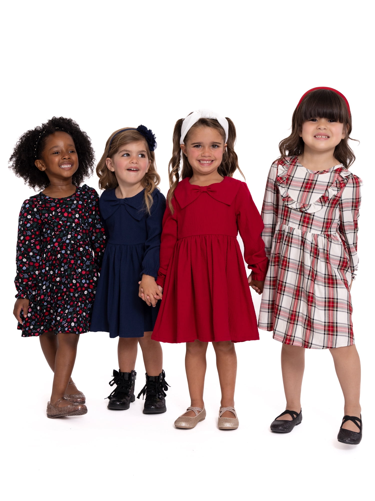 Wonder Nation Toddler Girls Puckered Bow Dress with Long Sleeves, Sizes 12M-5T