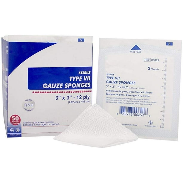 Type VII Gauze Sponges 3" x 3". Case of 2400 12ply Gauze Dressings for