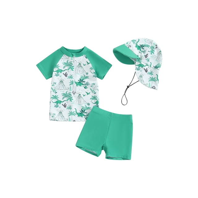 SUNSIOM Boys' Rash Guard Set, 3 Piece Swimsuit Suit, Palm Tree/Dinosaur Print Short Sleeve Tops Swim Trunks Swim Cap Bathing Suit