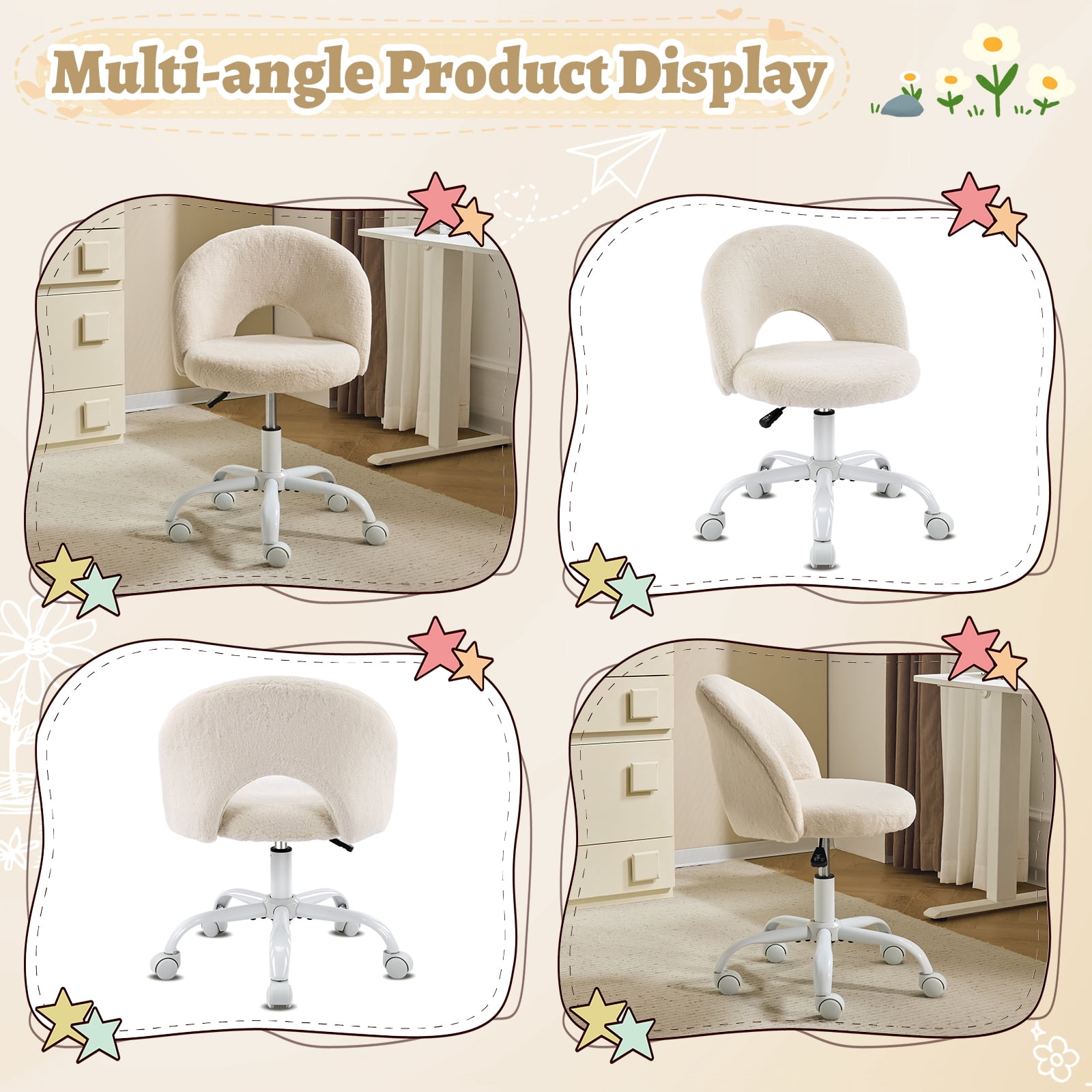 Ktaxon Vanity Makeup Chair Comfy Cute Accent Chair Small Swivel Task Office Chair with Wheels Faux Rabbit Hair Beige