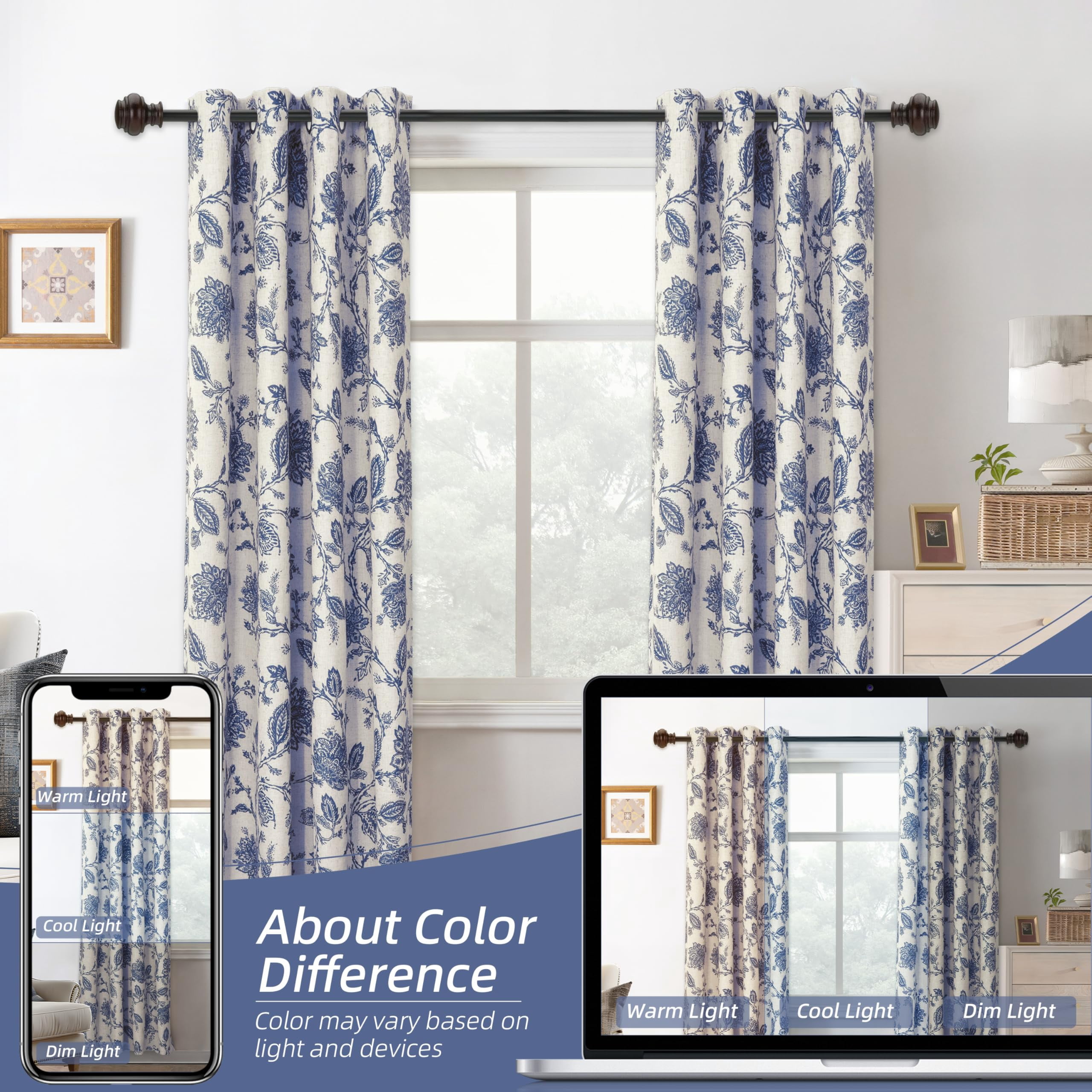 DriftAway Linen Floral Paisley Navy Blackout Curtains for Living Room Bedroom 72 Inch Length 2 Panels Lined Grommet Window Drapes Thermal Farmhouse Country Jacobean Curtains