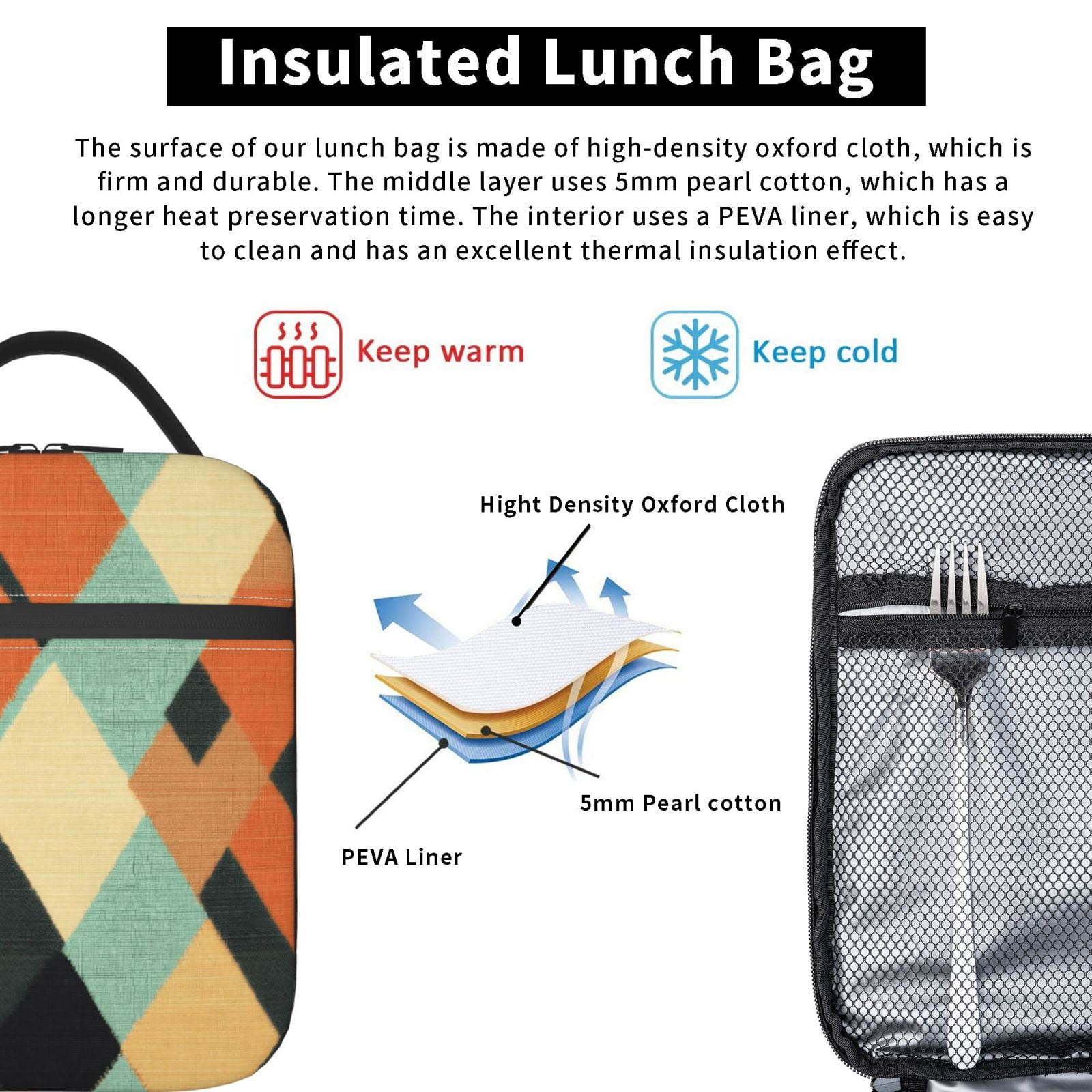 Lunch Bag For Women Men Insulated Portable Lunch Box Bento Box Office Picnic Travel Cooler Bag Argyle Plaid Lightcoral_3