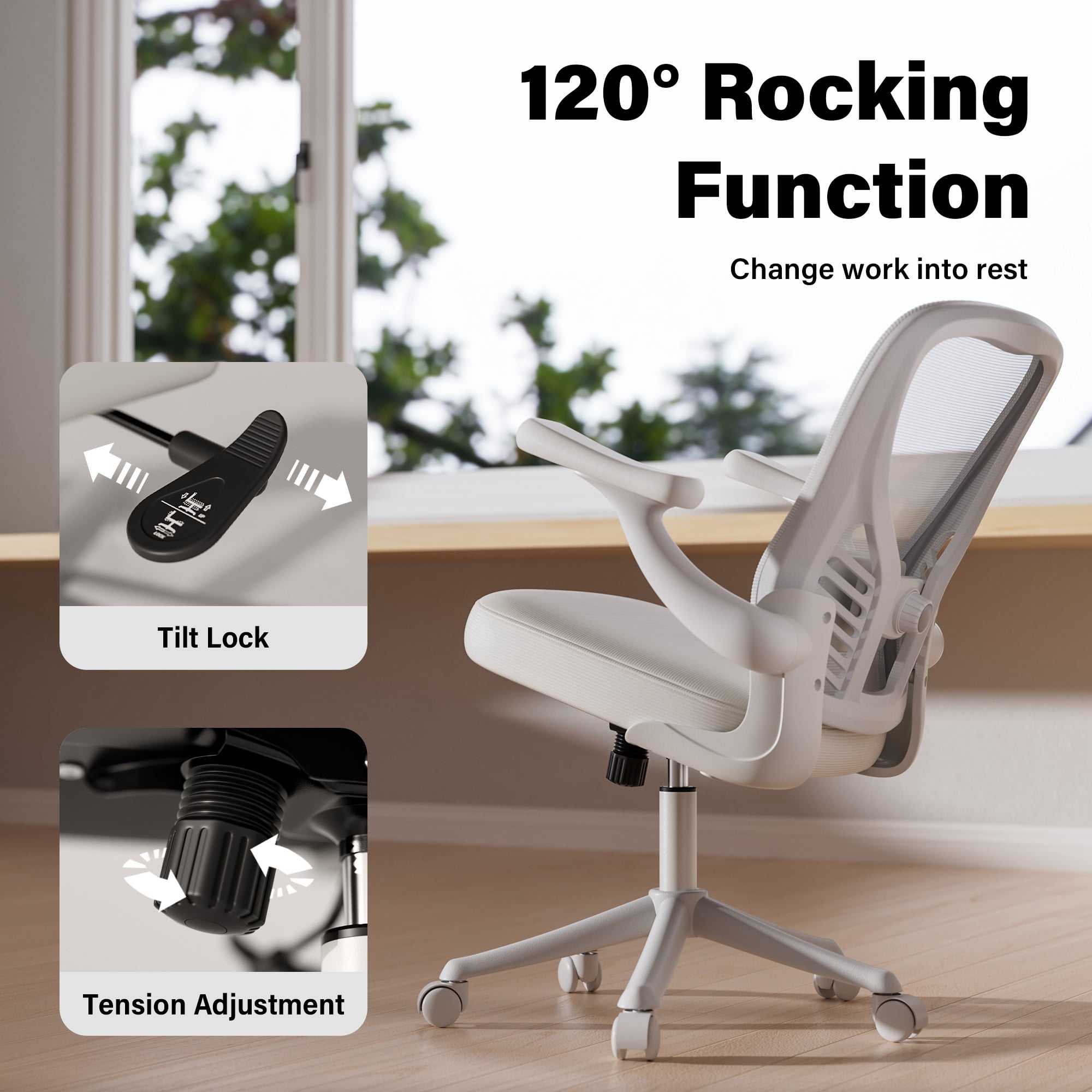 Ninecer Ergonomic Mesh Office Chair, Mesh Back Office Chair with Flip-up Arms, Swivel Computer Desk Chair with Lumbar Support for Adult, White