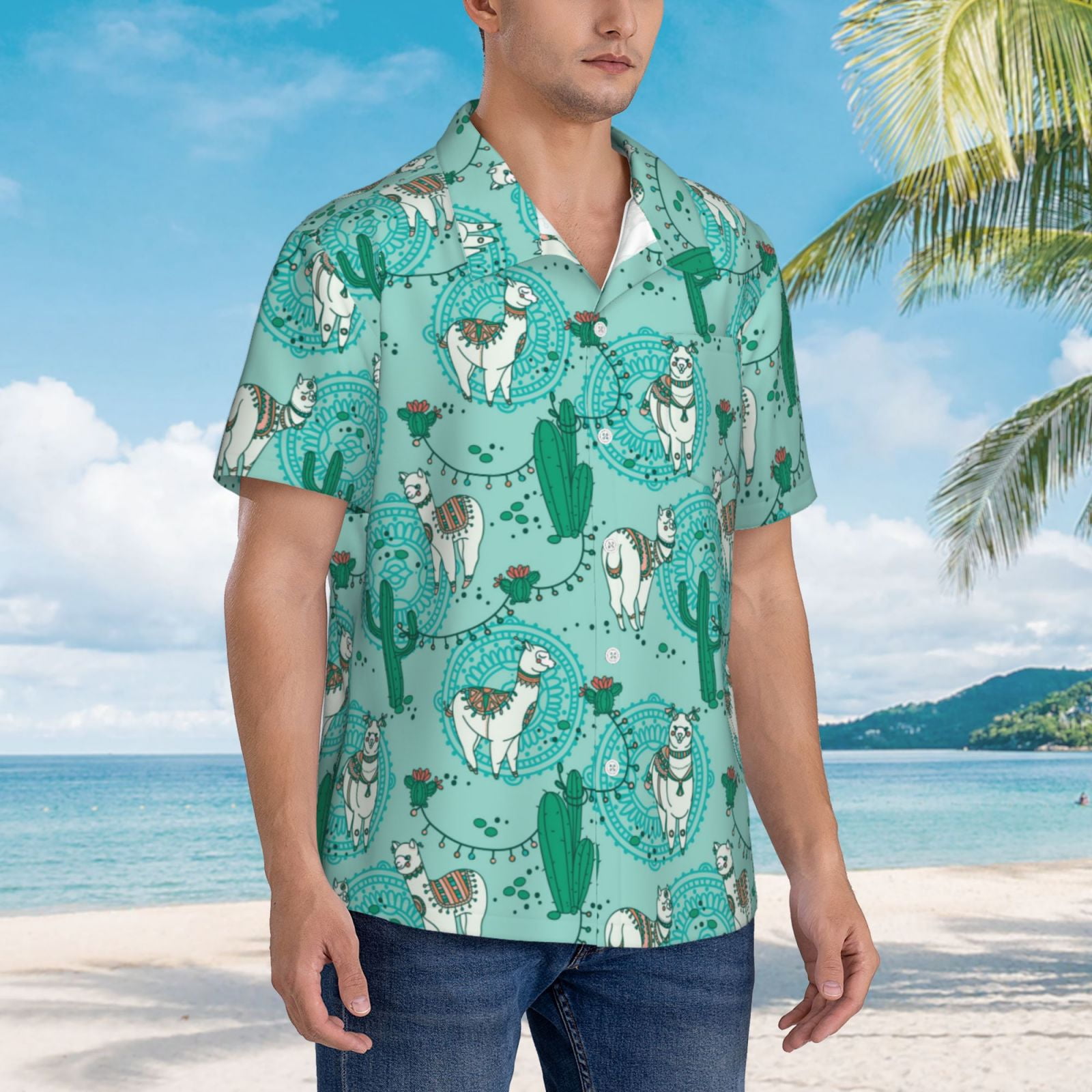 Logiee Alapaca in Boho Print Mens Hawaiian Shirts,Loose-Fit Short Sleeve Button Down Tropical Aloha Beach Shirt,Summer Vacation Wedding Tops,X-Large