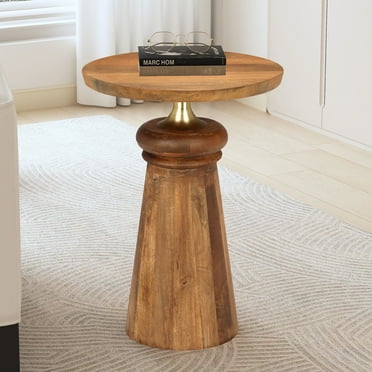 GDF Studio Modern Mango Wood Round End Table with Metal Accent Base, Gold Natural
