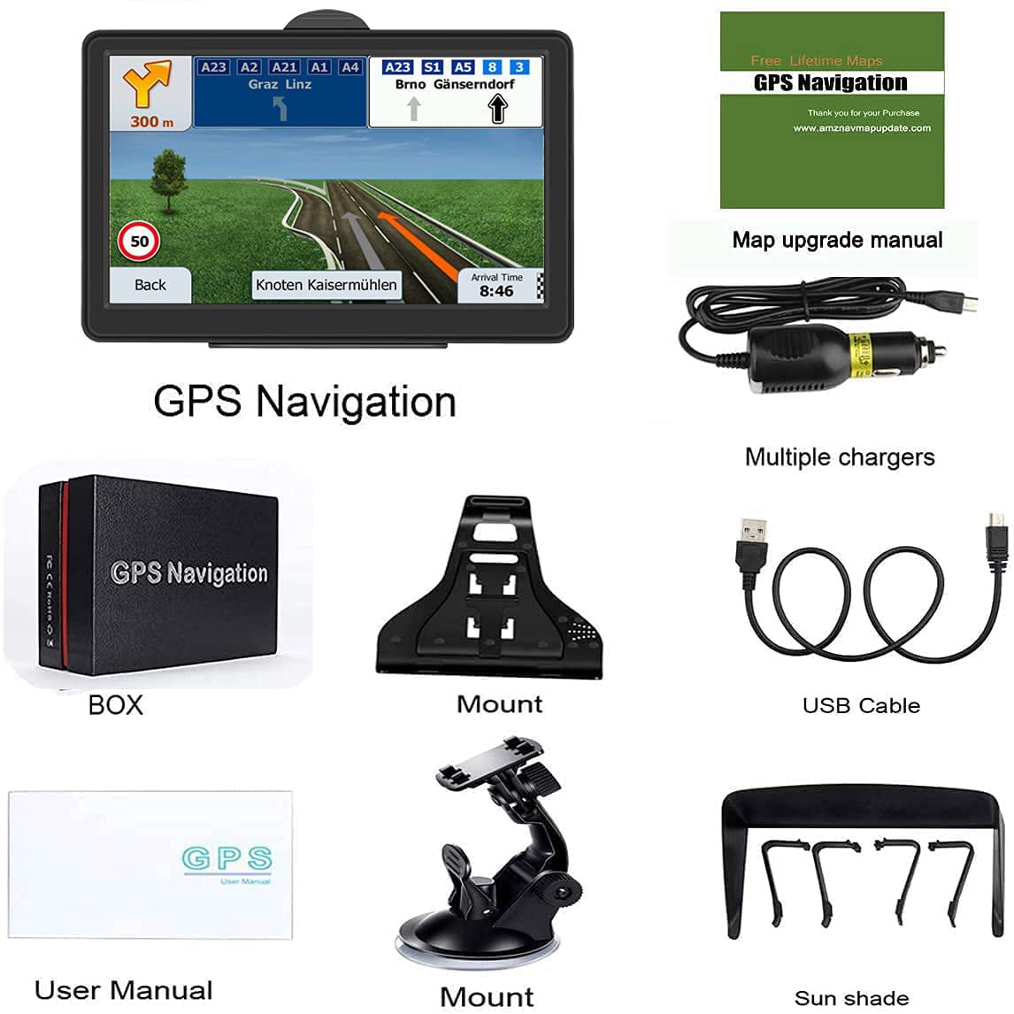 Smart Voice Reminder Global Navigation with UK and EU 2019 Maps Lifetime Free Updates for Car Truck Lorry 7 Inch HD Touch Screen 8 G 256 MB Navigation Maps Sat Nav GPS Navigation System 