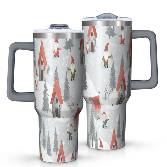 Gray Christmas Gnome Village Pattern Tumbler with Handle and Lid,40oz Double Wall Vacuum Insulated Tumbler,Cups Gift for Women and Men
