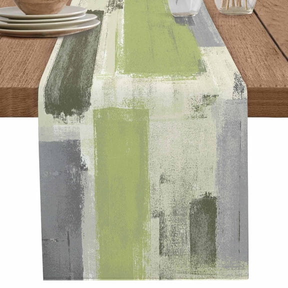 Sage Green Grey Oil Painting Art Table Runner-70 Inch Long Vintage Abstract Table Runners Linen Burlap Tablerunner for Kitchen Dining Room Holiday Party