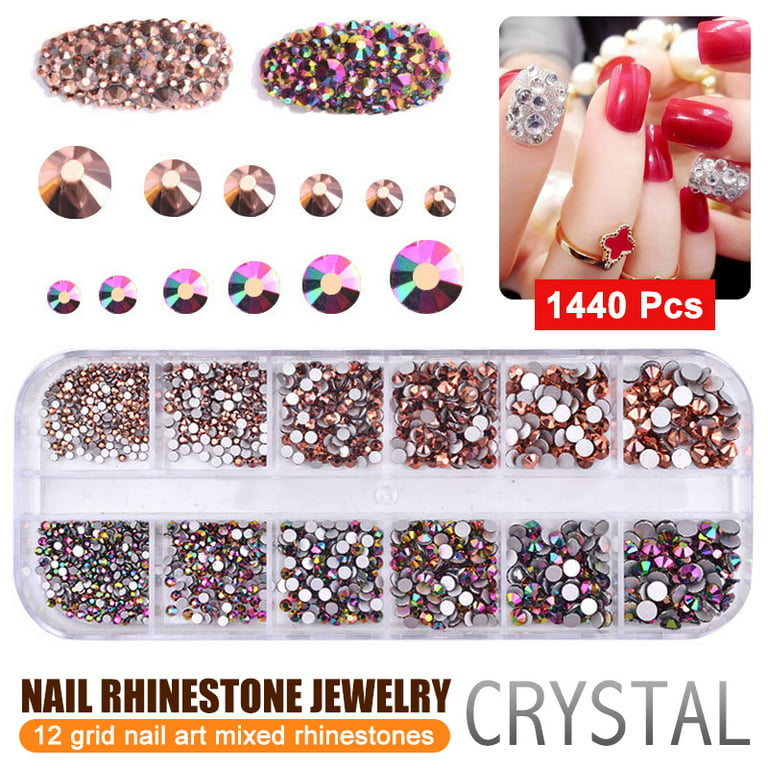 Amertreer 1440 Pieces Rhinestone Clear AB Black and Red Flatback Crystals 6 Sizes 12 Colored Iron on Rhinestones Glass Stones in Storage Box for Nails