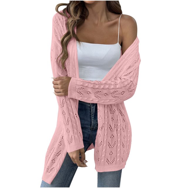 Timegard Cardigan Sweaters for Women Open Front Knit Jackets Hollow out Solid Color Comfy Cardigan