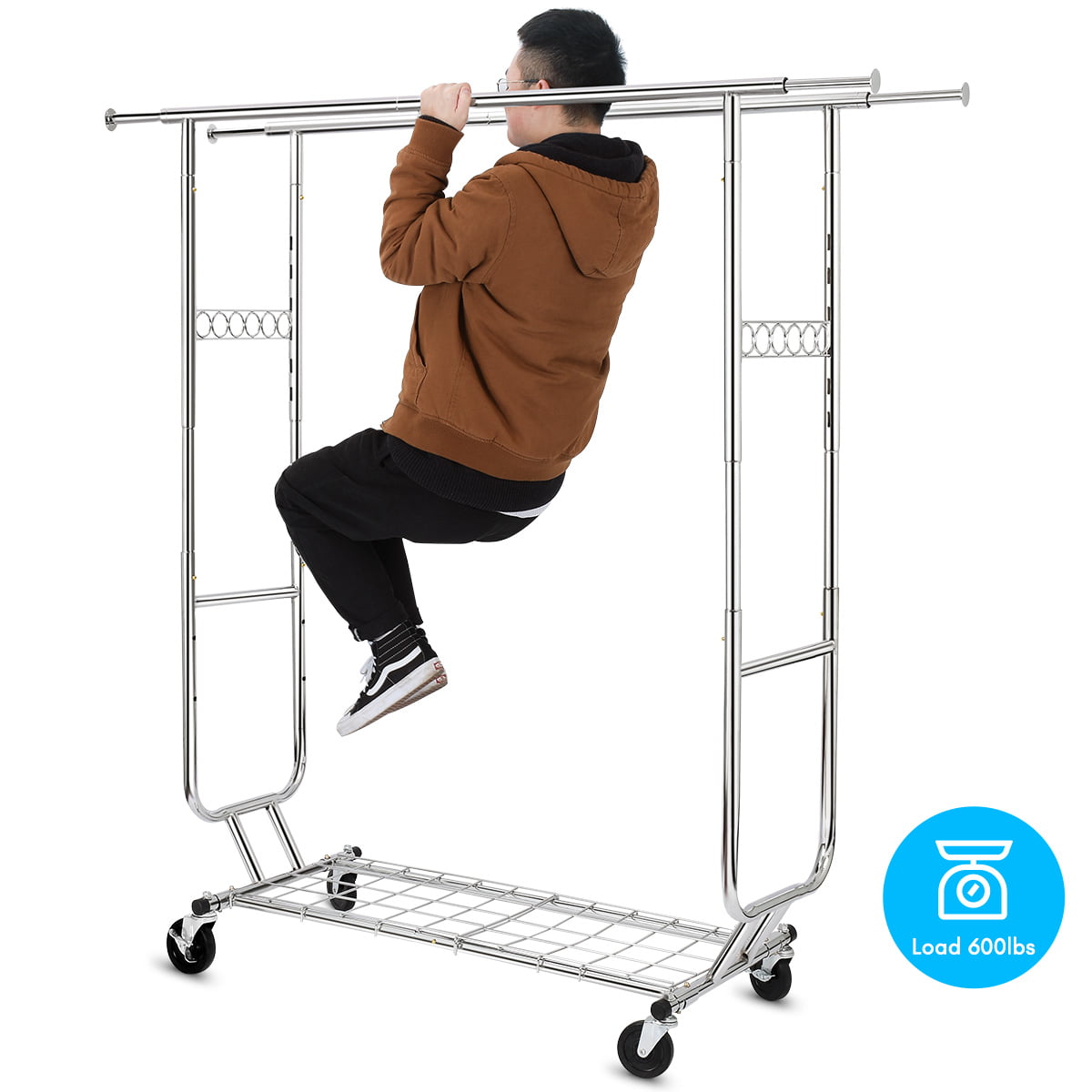 Double Clothing Garment Rack with Shelves Capacity 600 lbs Clothing