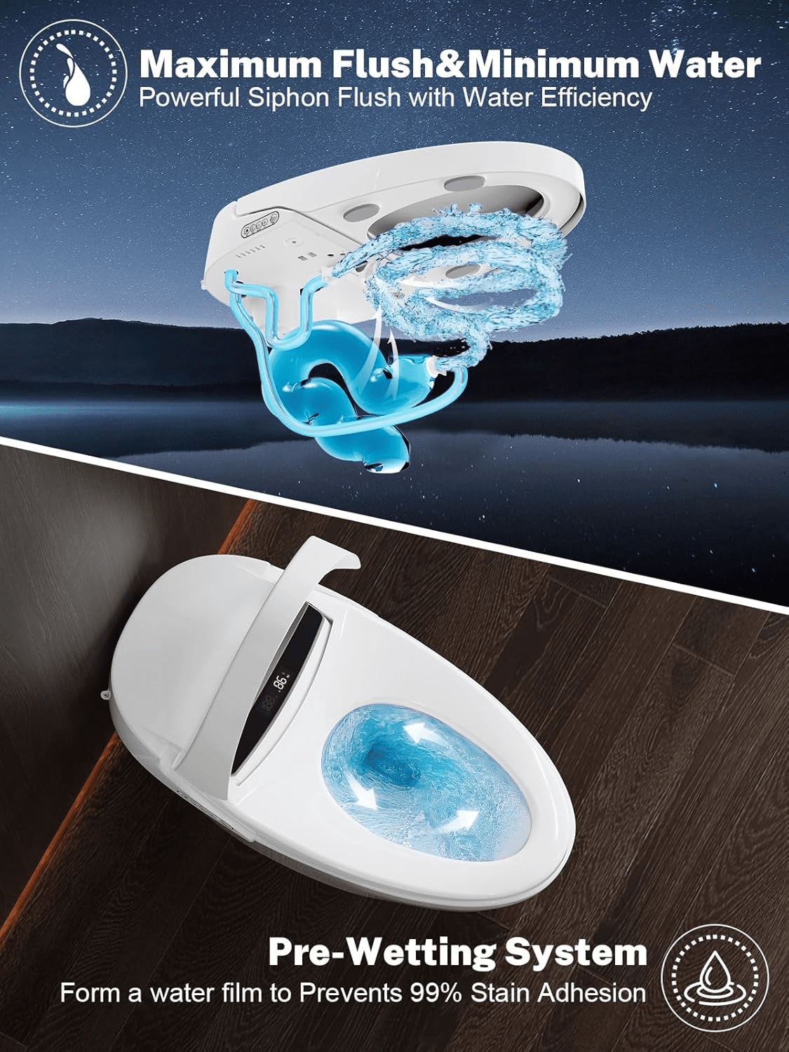 Smart Toilet with Heated Seat and Night Light, Tankless Toilet, Modern One-piece Toilet Standard Comfort Height Toilet with Auto Flush, Automatic Opening and Closing of Flap/Seat, Slow Close