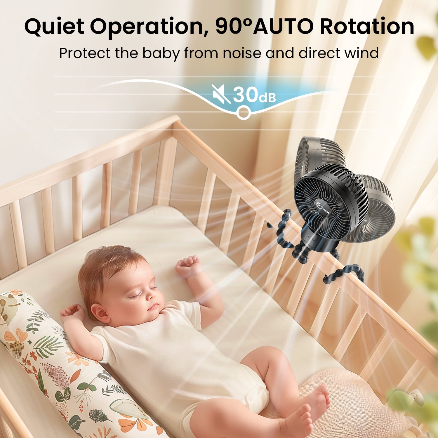 Stroller Fan with 90° Auto Oscillating, Extended Anti-Slip Detachable Tripod, Power Bank & LED Light, 3-Speed Quiet Cooling Clip On Fans for Baby Crib Car Seat Travel