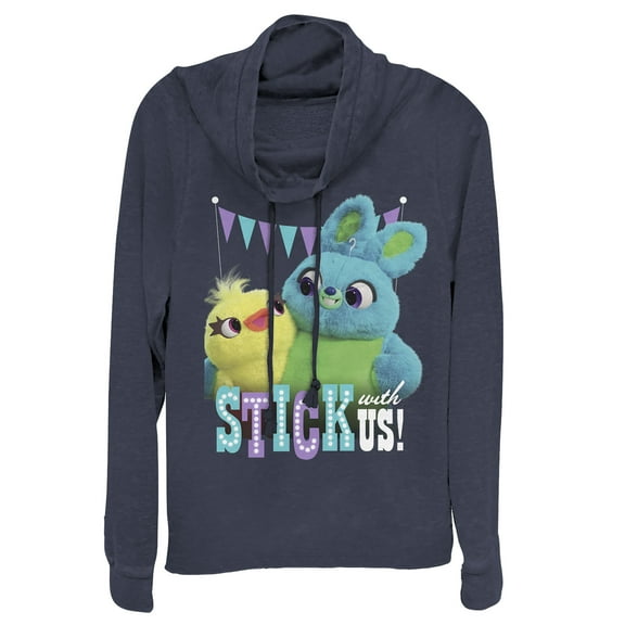 Junior's Toy Story Ducky & Bunny Stick With Us BFF  Cowl Neck Sweatshirt Navy Blue Large