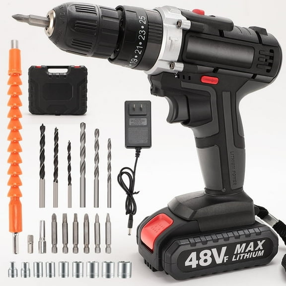 48V Cordless Drill,Electric Power Drill Set with 2 Batteries, 2 Variable Speed and Built-in LED