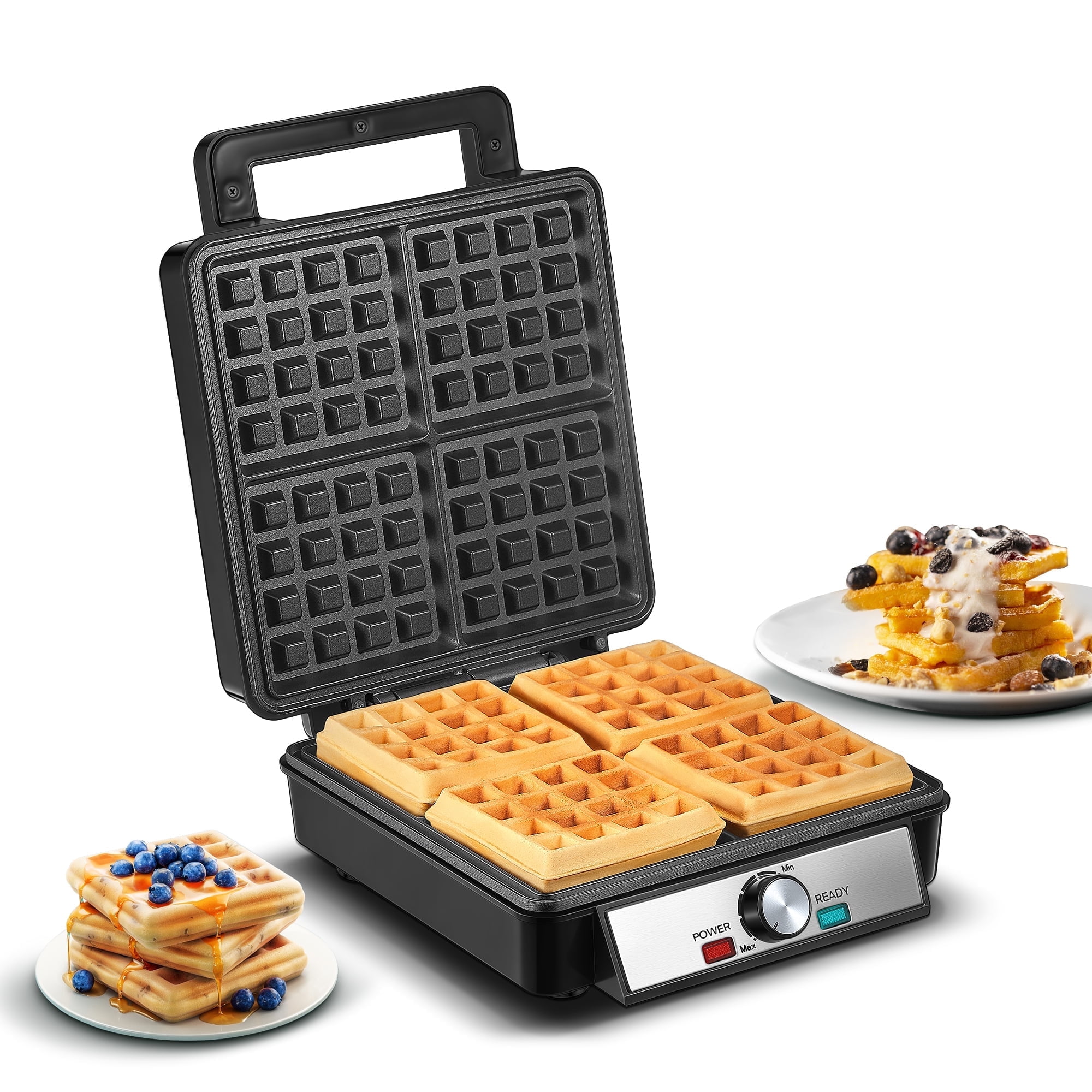 FOHERE 4-Waffle Electric Belgian Waffle Maker, Black Stainless Steel