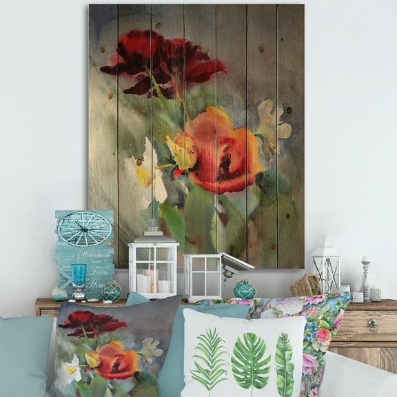 Designart 'Blossoming Vibrant Red Wildflowers' Traditional Print on Natural Pine Wood