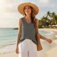 thumbnail image 6 of Craaazy Women Casual Tops Loose Fit Solid Color V Neck Chest Pocket Sleeveless Cotton Linen Tank Tops for Summer Gift, 6 of 9