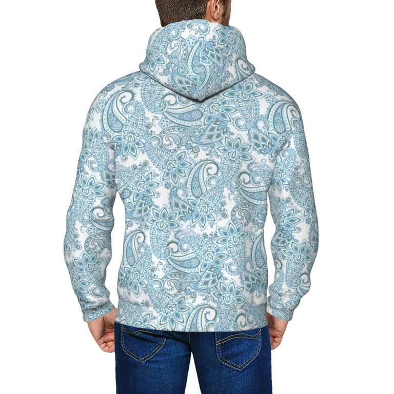 Zip Up Hoodies for Men - White Light Blue Paisley Pattern Long