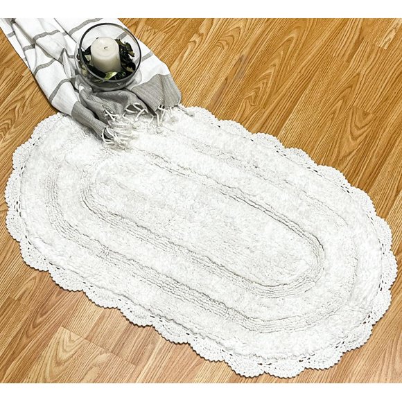 GFDYREE White Crochet Bathrug, 100% Cotton Oval bathmat with artisanally Handcrafted Crochet Border, 24x40 Inch, Large Rug, Perfect for Half Baths, Powder Rooms, bathrooms