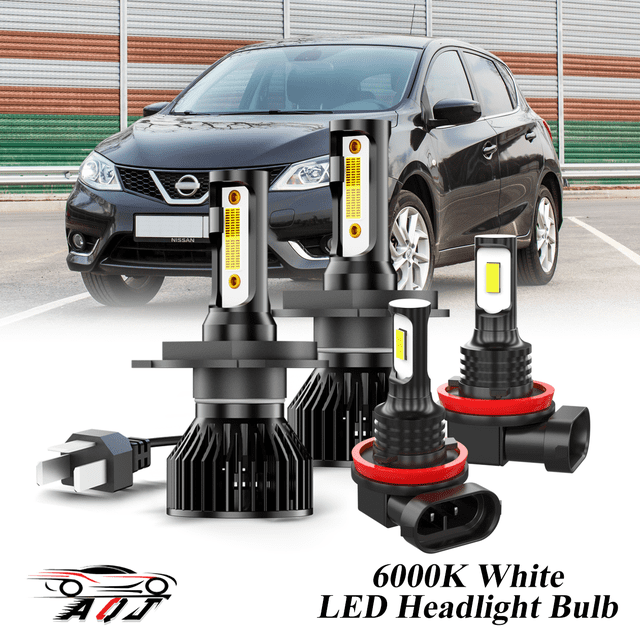 Juego Combinado de Bombillas LED Nissan Tiida 2007-2015 para Luz Alta/Baja + Antiniebla, Kit de 4 Unidades: 2x 9003/H4 para Faros Principales + 2x H11/H8/H16 para Faros Antiniebla