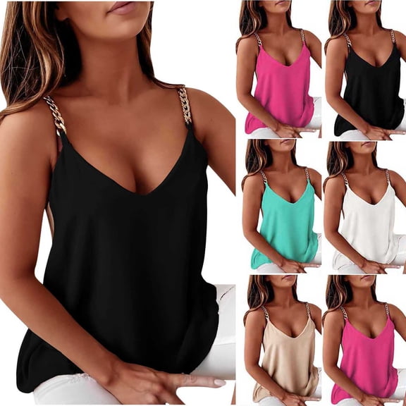 Ashirexll Sleeveless Tops for Women, Chain Detail Suspender Vintage Summer V-Neck Sleeveless Tank Blouses
