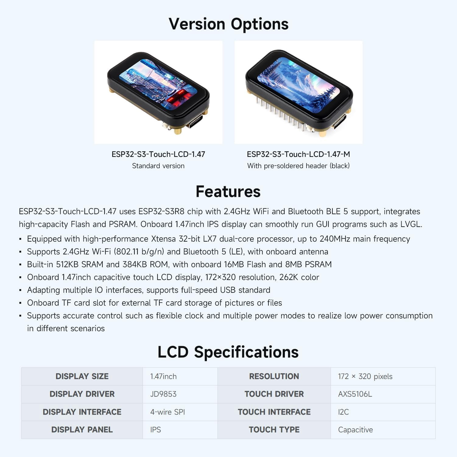 ESP32-S3 1.47inch Touch Display Development Board, 172×320 Resolution, 262K Display Color, Supports 2.4GHz Wi-Fi/BLE 5, 240MHz LX7 Dual-core Processor, with Pinheader