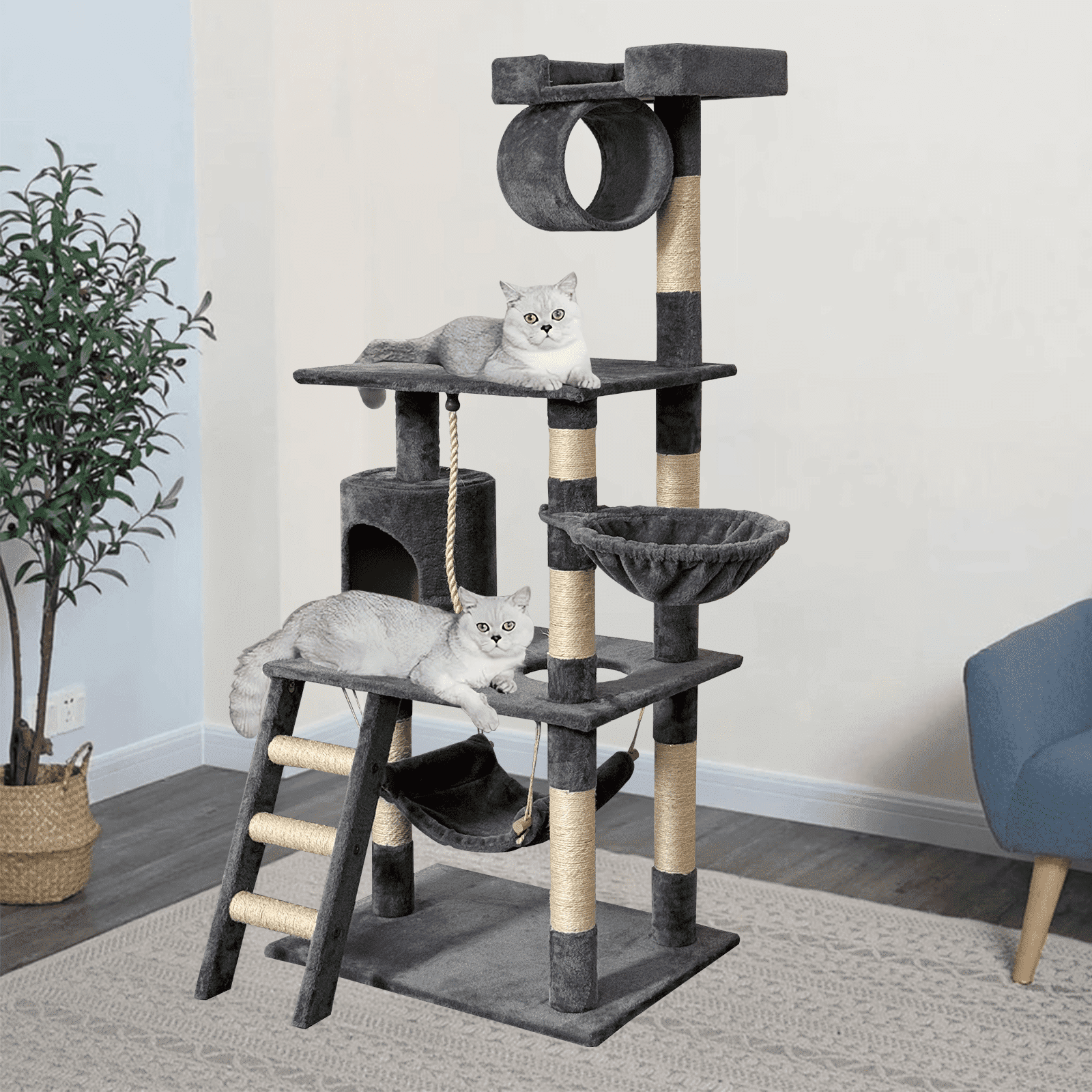 Baohe Indoor Cat Tower 62-Inch Modern Cat Tree with Widened Perch, Ideal for Big Cats & Kittens. Multi-Level Design with Scratching Posts, Tunnel, Basket & Cave Condo