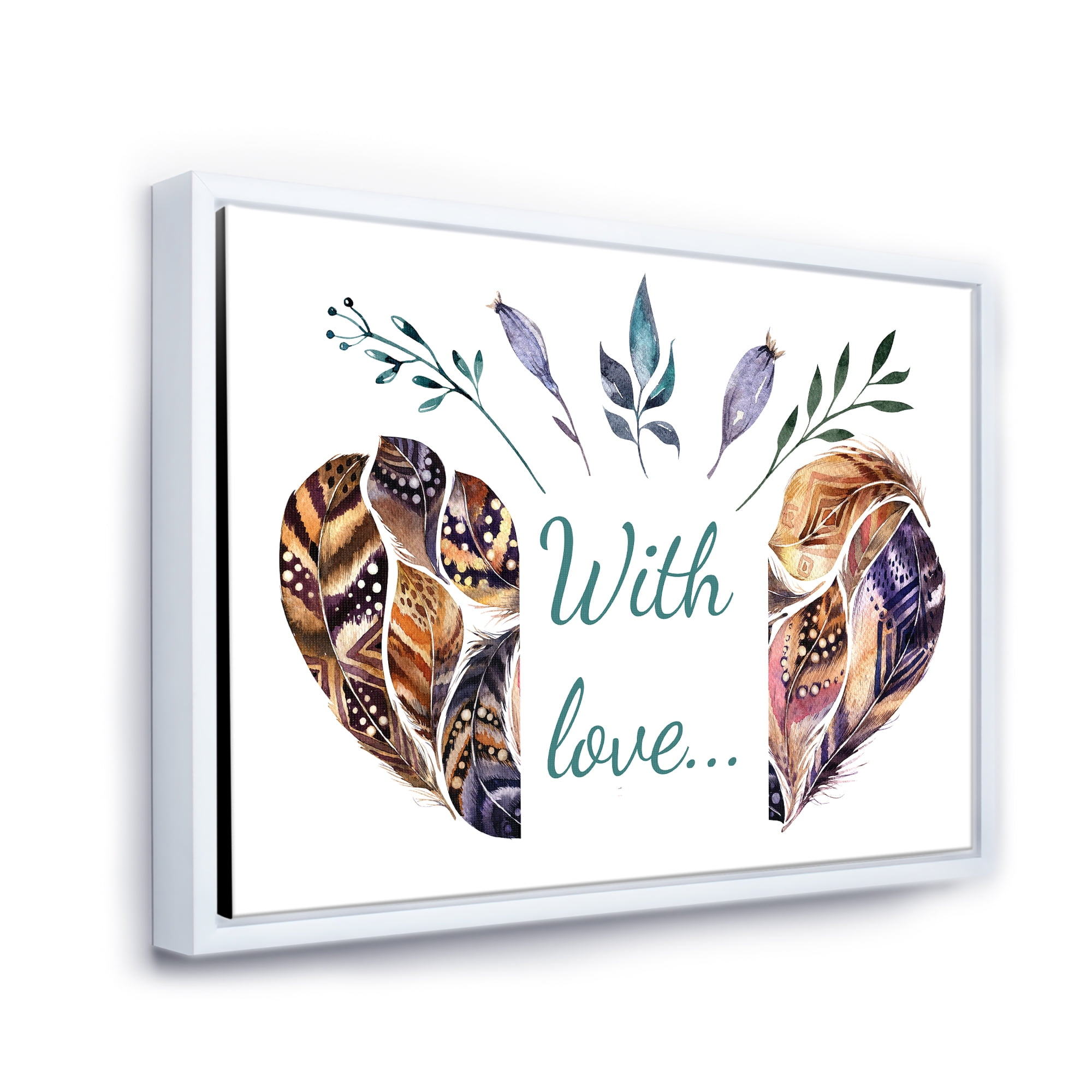 Hearted Shaped Feathers With Love 20 in x 12 in Framed Painting Canvas Art Print, by Designart