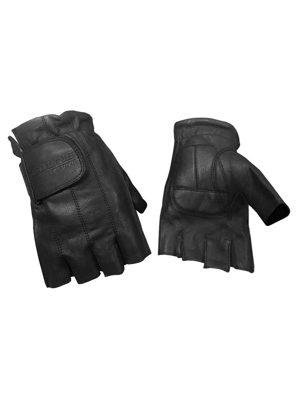 Black Leather FINGERLESS Gloves FLAMES Gel Palm Motorcycle Biker Rider Work Soft 