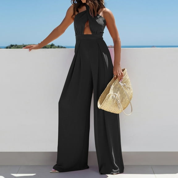 Xdegoge Dressy Jumpsuits for Women Halter Cut Out Criss Cross Jumpsuit Fashion Backless Sleeveless High Waist Rompers Summer Casual Vacation Formal Outfits