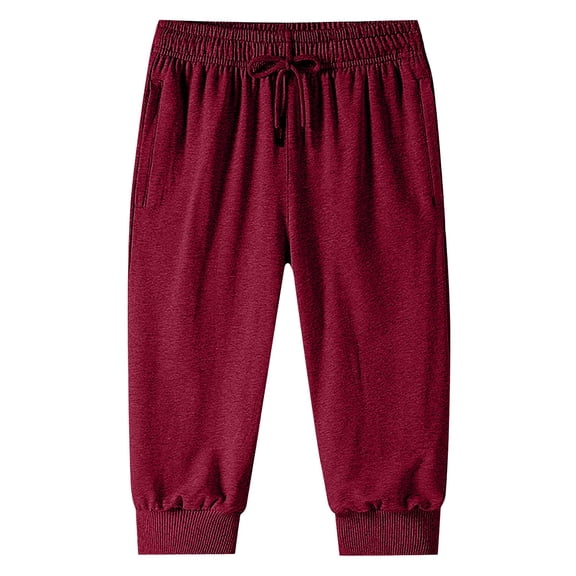 Mens Capris Pants Below The Knee 3/4 Drawstring Joggers with Pockets Red M