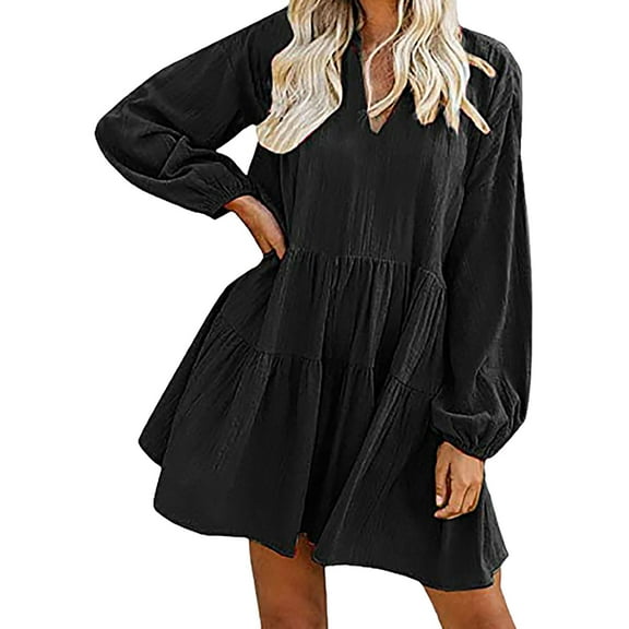 TIHLMK Black Dress Women Summer Dress V-Neck Solid Long Sleeve Casual Loose Flowy Swing Dress