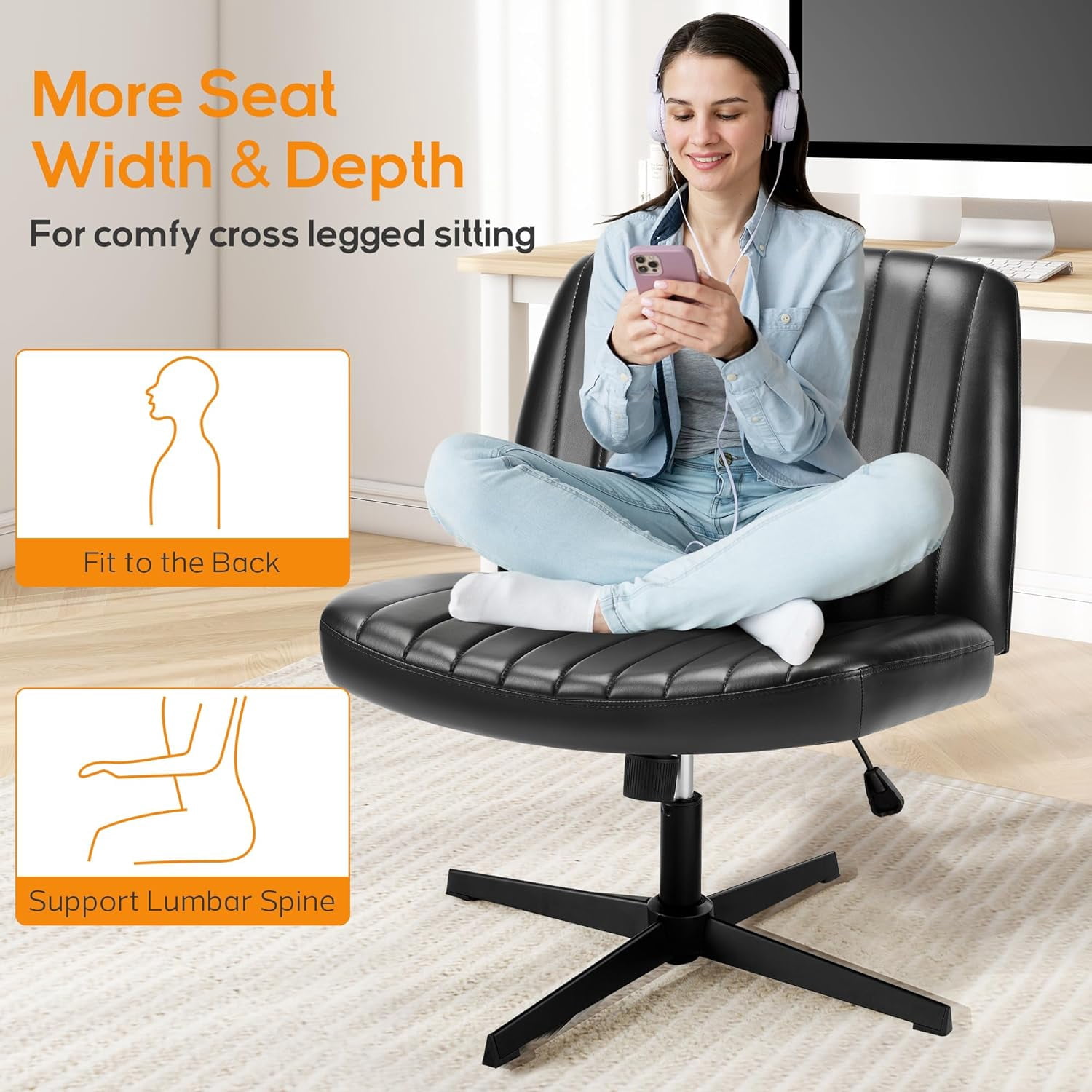 Criss Cross Chair, Cross Legged Office Chair, Wide Comfty Desk Chair, No Wheels Armless Computer Task Chair, Swivel Vanity Home Chair, Height Adjustable