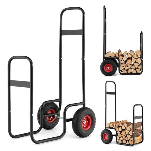 QISHENSHUI Heavy-Duty Firewood Log Cart Carrier – Sturdy Wood Hauler with Shockproof Rubber Wheels & Multi-Functional Storage Rack for Indoor/Outdoor Use