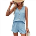 thumbnail image 3 of Conjunto Casual de Dos Piezas para Mujer, Jersey con Cuello en V y Pantalones Cortos de Cintura Alta, Chándal Transpirable de Color Liso, Azul , Talla XXL, 3 of 9