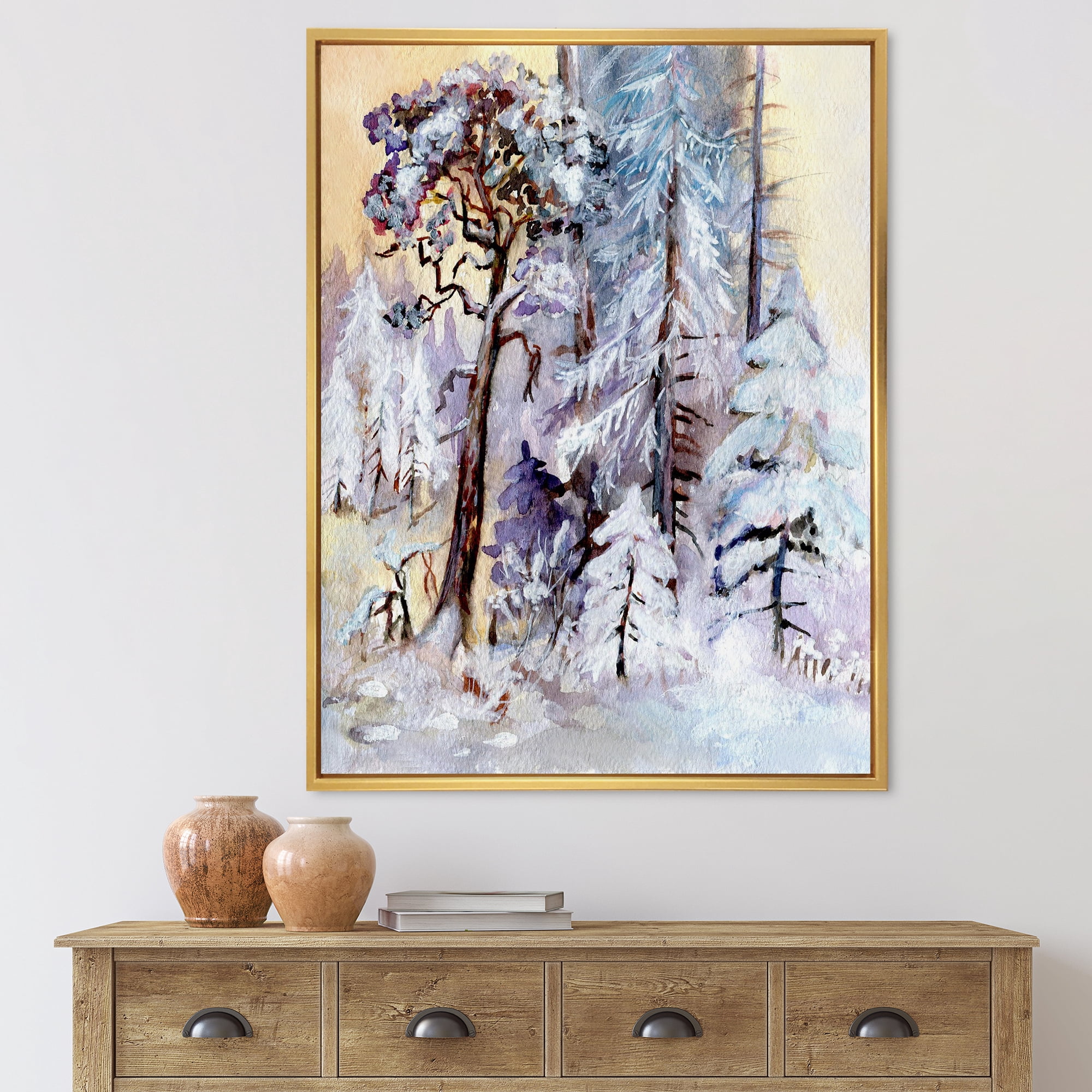 Designart 'The Lake With Winter Snowy Forest' Lake House Framed Canvas Wall Art Print