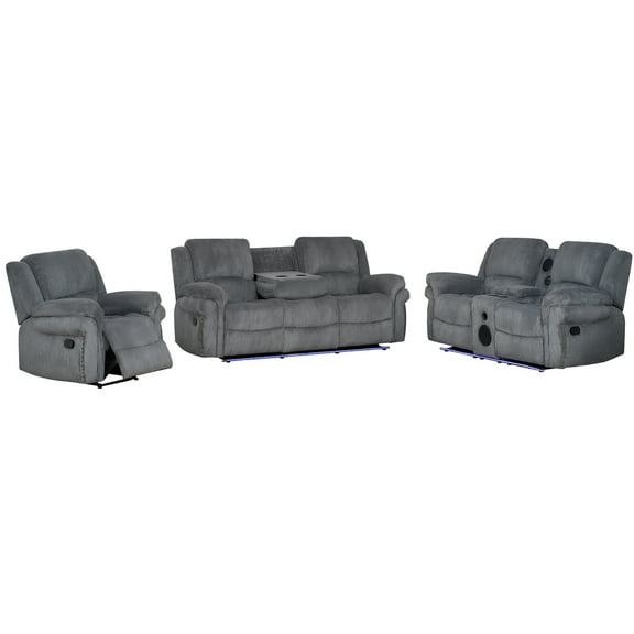 Hybition 3-Piece Manual Reclining Living Room Sofa Set , LED Light Strip, USB Charging, Cup Holders, Storage Console Drop-Down Table, with Bluetooth Speaker Derk Gray Couch