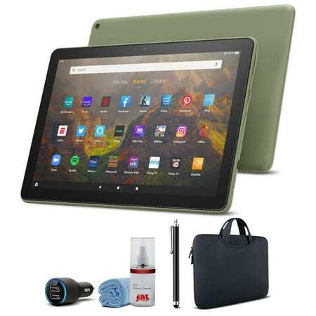 Fire HD 10 32GB 10.1" Tablet (2021) - Olive Bundle with Zipper Sleeve + USB Car Adapter + Stylus + Screen Cleaner