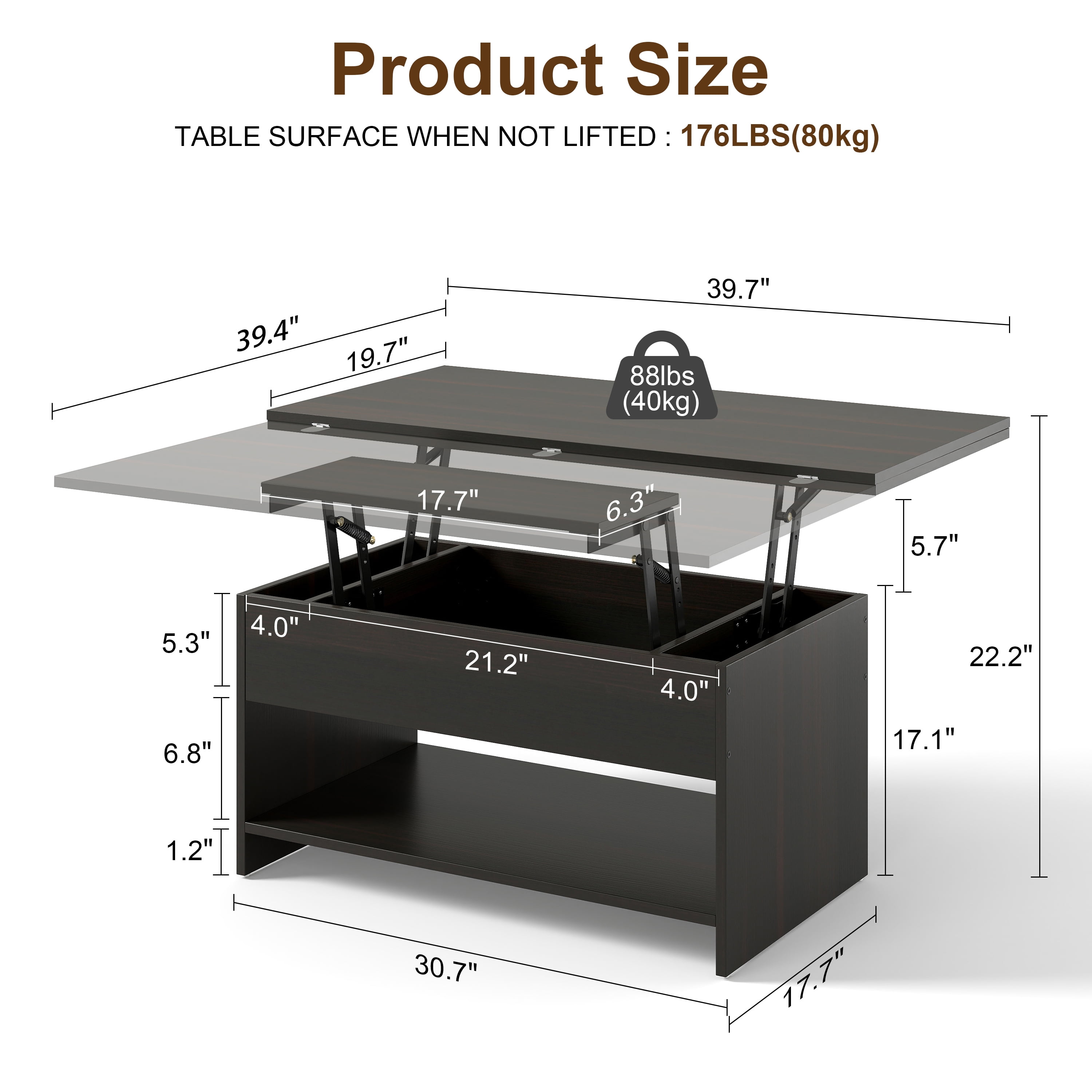 Manxile Rustic Lift Top Coffee Table, 4 in 1 Multi-Function Convertible Coffee Table with Hidden Storage for Living Room, Black&Brown