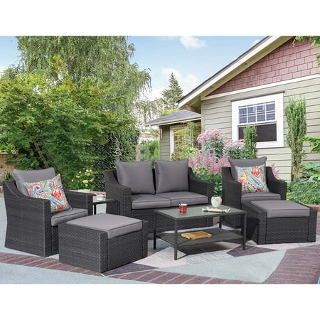 Sunvivi 7 Pcs Outdoor Patio Furniture Set PE Rattan Wicker Sofa Set with Coffee Table Gray