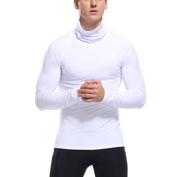 Defitshape Men's Athletic Compression Shirt Tight Lightweight Soft Biking Running Shirts Sports Workout Gym Long Sleeve Muscle Fit Thermal Mock Turtle Neck Base Layer Top White X-Large