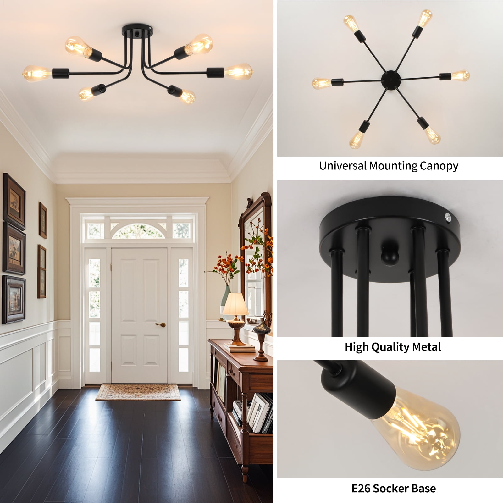 HALIGATE 6 Lights Sputnik Semi Flush Mount Ceiling Light Matte Black Modern Edison Chandelier Industrial Close to Ceiling Light for Farmhouse Dining Room Kitchen Bedroom Living Room Study